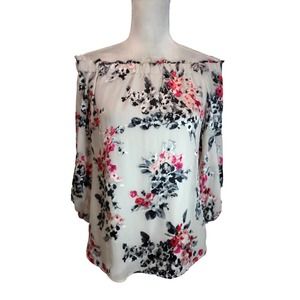 White House Black Market off the shoulder white, black & red top